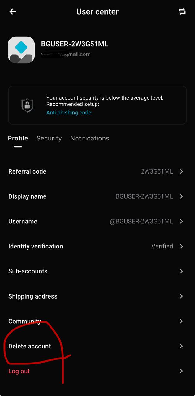 Bitget User center Profile 탭, Delete account