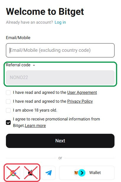 Bitget 가입 화면: Referral code 칸에 NONO22 확인, 구글·애플 가입 금지