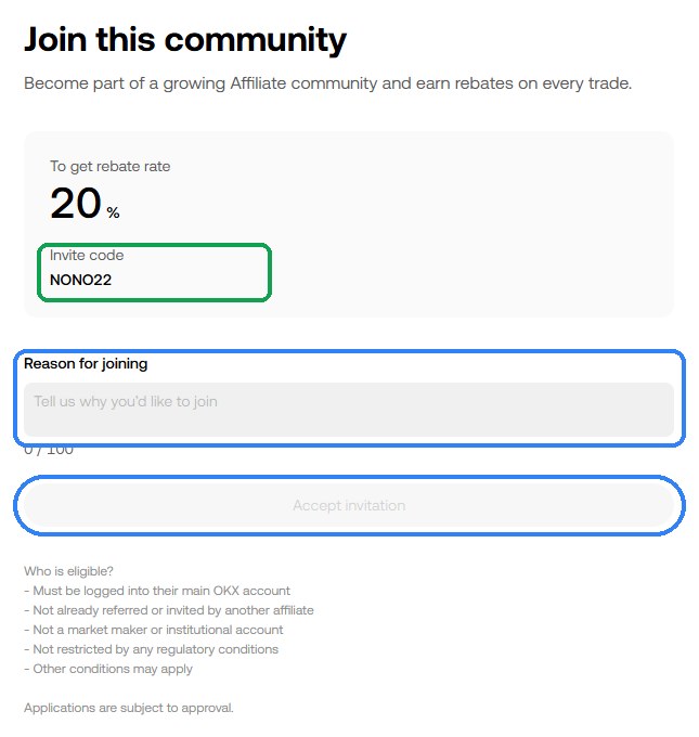 OKX Join this community 화면: 초대 코드 NONO22 확인, Reason for joining 입력, Accept invitation
